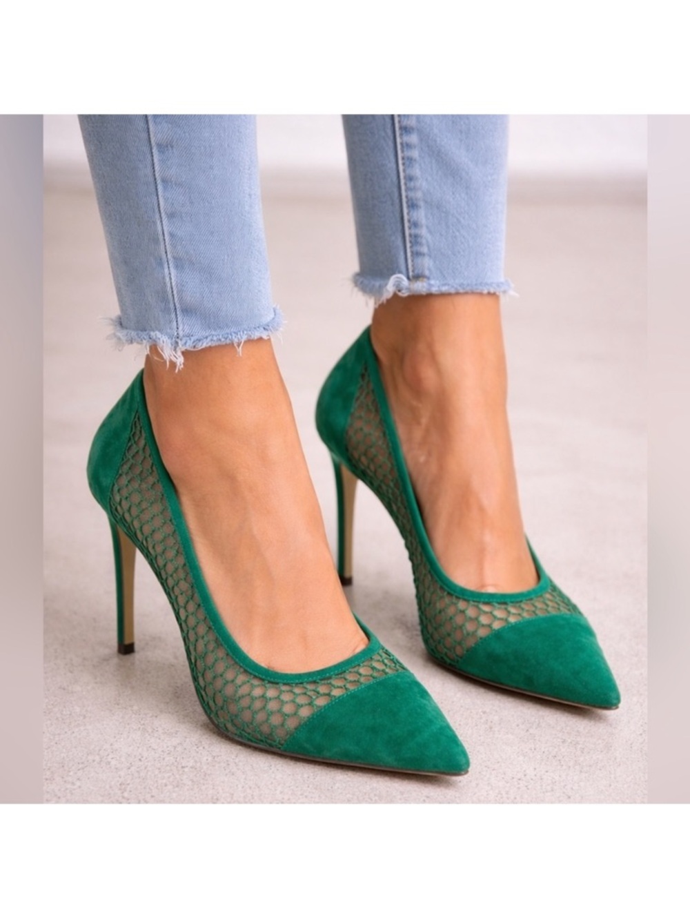 L’AGENCE Caliste Emerald Green Mesh & Suede Pointed Toe Heels Pumps Size 9.5